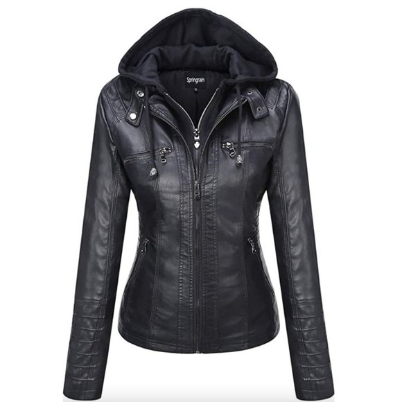 Jackets & Blazers - Black Leather Jacket with Detachable Hood